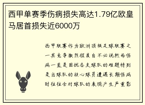 西甲单赛季伤病损失高达1.79亿欧皇马居首损失近6000万